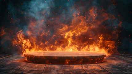 empty podium stage on the wooden table with flames background