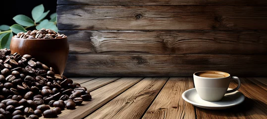 Türaufkleber Coffee morning on the wood floor background. © Nathasa