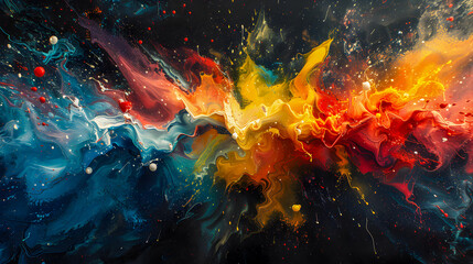 Dynamic abstract painting with swirling patterns of acrylic paint in vibrant colors.
