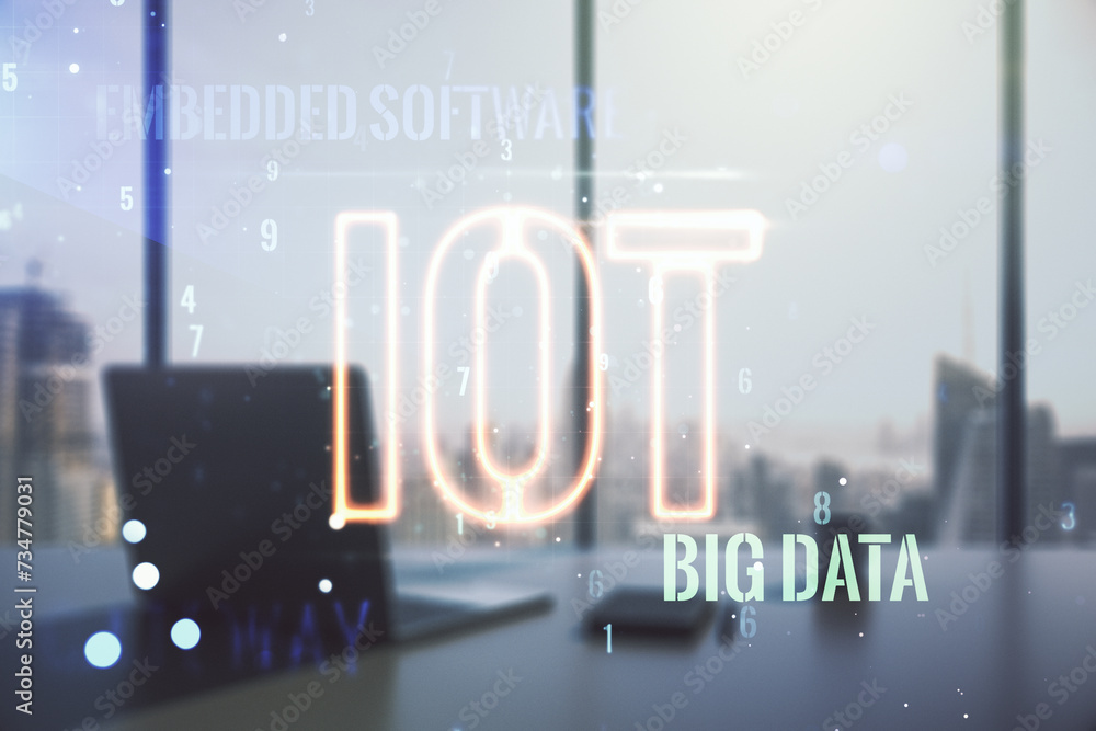 Poster Double exposure of creative IOT hologram and modern desktop with laptop on background, research and development concept