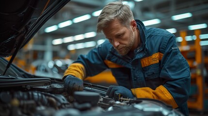 Car mechanician repairing car in auto repair shop - Powered by Adobe