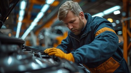 Fototapeta na wymiar Car mechanician repairing car in auto repair shop