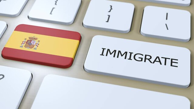 Spain Immigration Concept Animation. Country Flag with Text Immigrate on Button