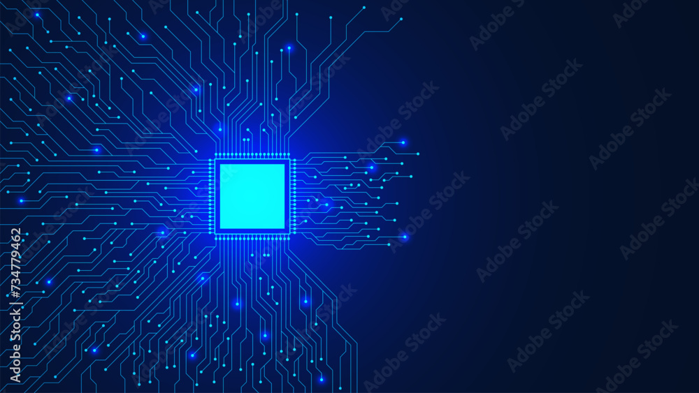 Poster microchip with electronic circuit board on dark blue background. central computer processors cpu and