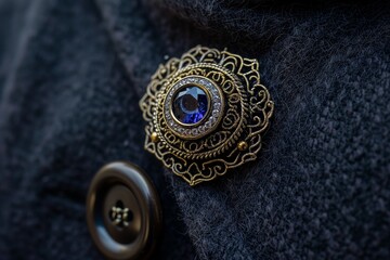 macro shot of sapphire eye in a brooch on coat - obrazy, fototapety, plakaty