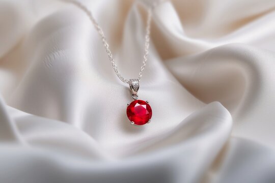 ruby pendant on white silk with gentle ripple