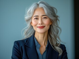 Portrait of middle older smiling Asian businessman with suit in professional studio background