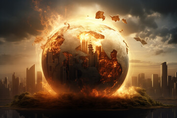 Climate change crisis concept. Global warming illustration. Earth globe with city and environment. - obrazy, fototapety, plakaty