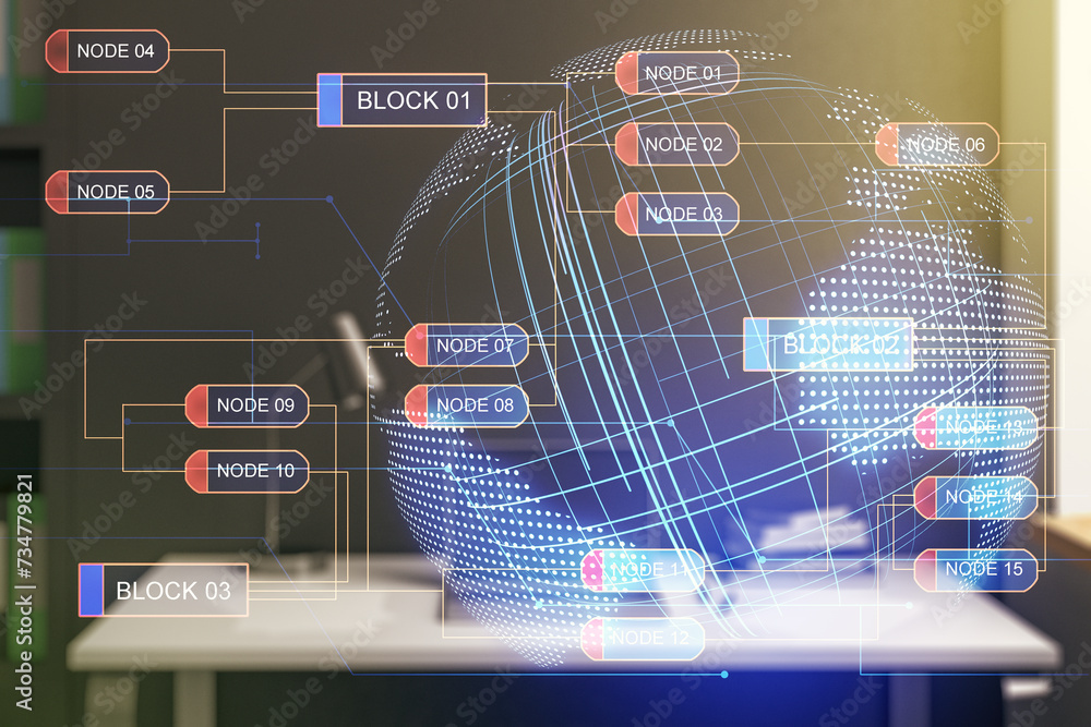 Fototapete double exposure of abstract creative programming illustration with world map and modern desk with co