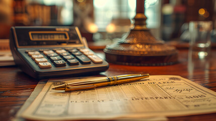 Antique desk setting with a classic calculator, elegant pen, and handwritten financial documents in warm lighting.
 - obrazy, fototapety, plakaty