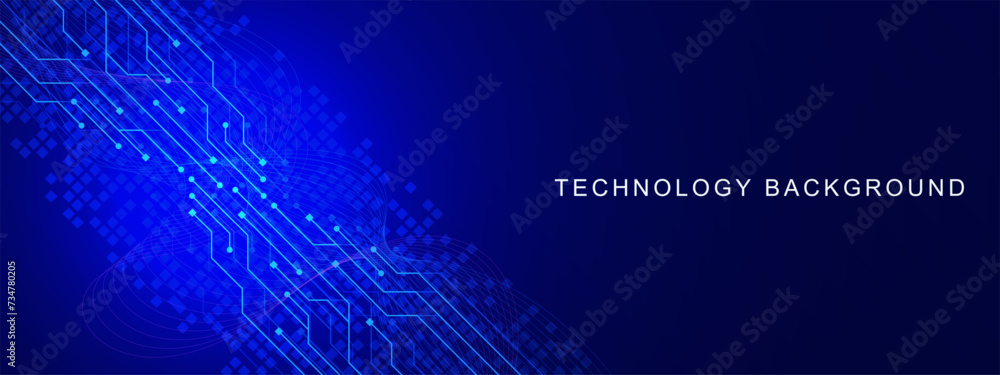 Poster futuristic technology concept with electronic circuit board texture and wave flow. digital data, con