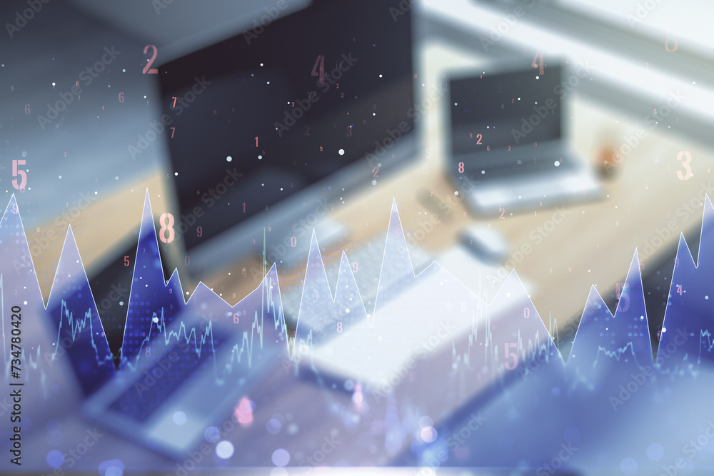 Aufkleber multi exposure of abstract graphic data spreadsheet sketch and modern desktop with pc on background,