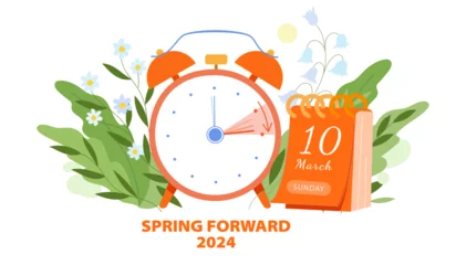 Foto op Canvas Daylight Saving Time Begins concept. Vector illustration of clock and calendar date of changing time one hour on march 10, 2024 with spring flowers decoration.  Spring Forward time transition © Tsareva.pro