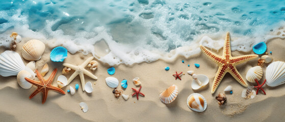 top view of colorful collection of Starfish and sea shells scattered on the sand of summer waters with beautiful waves created with Generative AI Technology