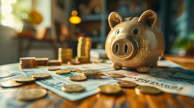 Piggy bank on a desk surrounded by scattered coins and banknotes, depicting savings.
