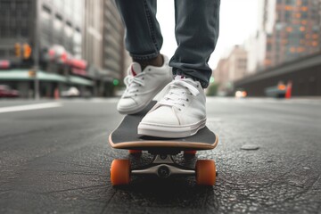 feet in sneakers on skateboard on city asphalt
