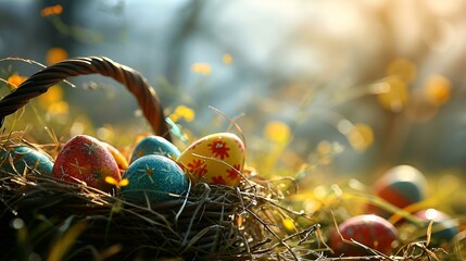 Colorful easter eggs in a basket over a flowerfield and sun rays.
