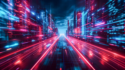 Abstract digital cityscape with vibrant neon light streaks conveying speed and modernity.
