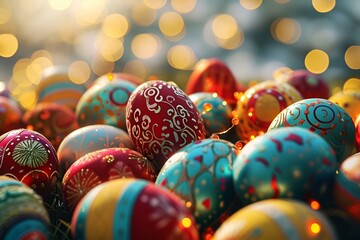 Fototapeta na wymiar Detailed view of multi-colored Easter eggs creating a festive backdrop 