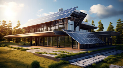 modern house with solar panels installed on the roof - obrazy, fototapety, plakaty