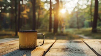  Mug placed on a rustic wooden table surrounded by nature. © Nurul