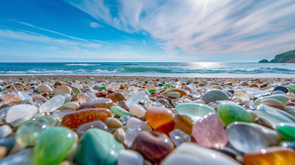 Transparent pink, green, red, white, blue pebbles, on the beach.