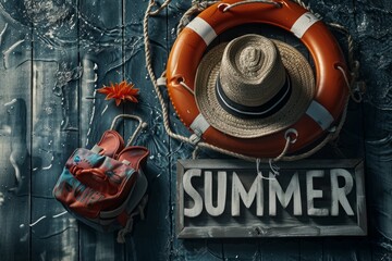 vintage lifebuoy and straw hat on rustic blue wooden background. Bold letters representing "SUMMER"