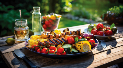 Grilled kebab and vegetables on wooden table in garden