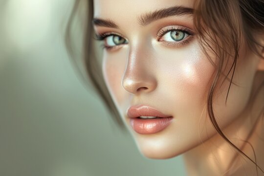 Close-up portrait of female beauty model showing off facial and skin care results.