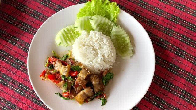 Ka Praw Moo Krob Thailand Street Food Fried Crispy Pork with Basil and Chilli