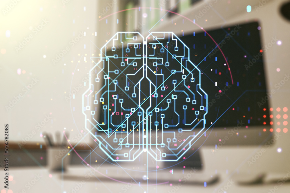 Poster double exposure of creative human brain microcircuit and modern desk with computer on background. fu