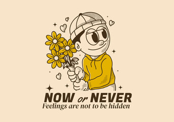 Now or never. Retro illustration of a beanie guy holding a flower