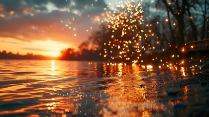 Capture the serenity of a peaceful lake at sunset with this bokeh scene