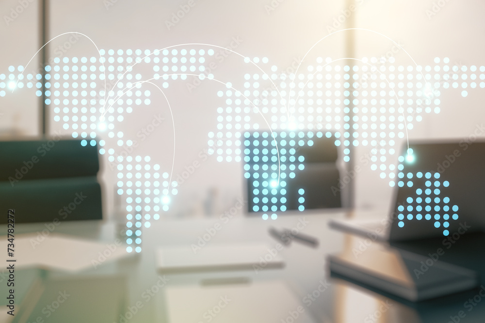Poster abstract creative world map with connections and modern desktop with computer on background, interna