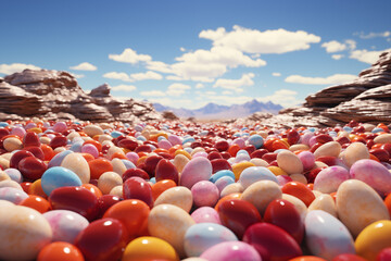 Obraz premium Group of colorful Easter eggs on the ground on Easter day.