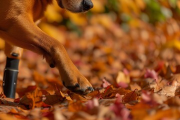 closeup of dogs prosthetic paw with a background of autumn leaves