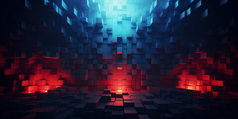 A dark room with a red light ,Space is full of red bricks ,