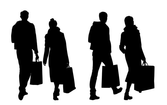 Vector silhouettes of  man and woman shopping, black color, isolated on white background