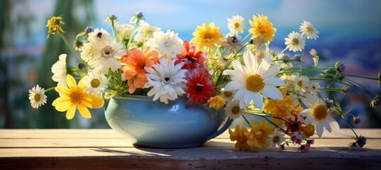 yellow flower pot with dandelion flowers over table and sun. colorful flowers in a wooden cup with sunlight