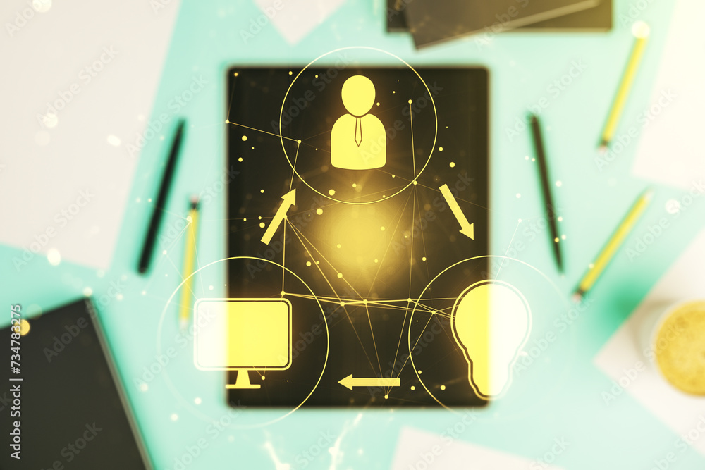 Poster double exposure of social network icons concept and modern digital tablet on background. networking 