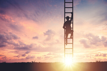 Silhouette of a man crawling on a staircase to the sky, concept of motivation and success