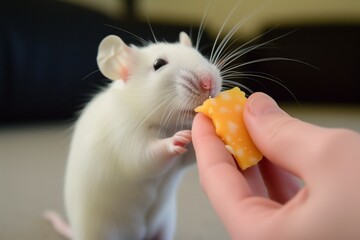 hand feeding cheese to small white mouse