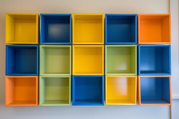 wall with colorful, childheight cubbies all empty