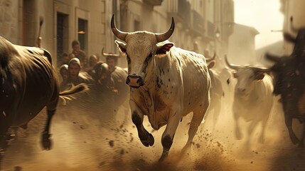 The Traditional Bull Run in Pamplona, Spain - obrazy, fototapety, plakaty