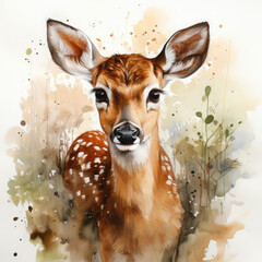 Watercolor baby deer, fawn, with big eyes background art wallpaper, print, poster, wall painting, interior - generative AI