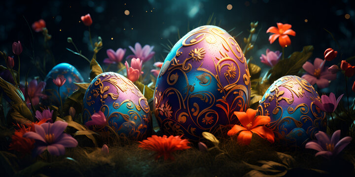 A beautiful background with easter eggs,Giant egg decorated with petals,A painting of eggs,