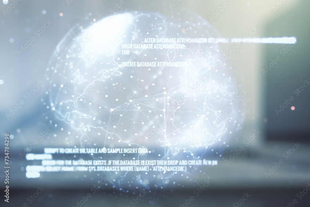 Poster multi exposure of abstract software development hologram and world map on modern business center ext