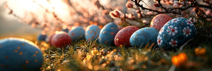 Easter banner with decorated eggs against blooming background
