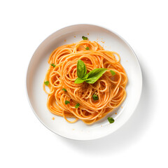 Italian spaghetti with tomato sauce and basil on white plate top view isolated on white background