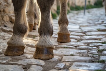 closeup of donkeys hooves on a cobblestone path